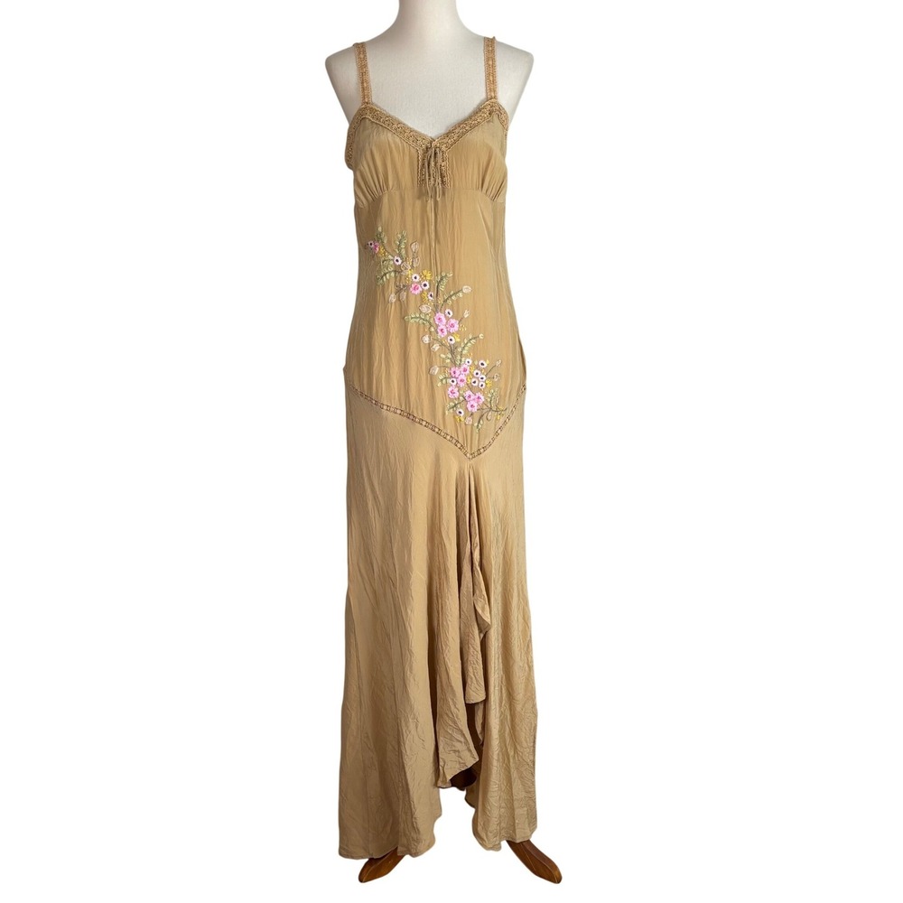 Sue Wong Dress Vintage Y2K Size 6 Gold Silk Floral Crochet Straps